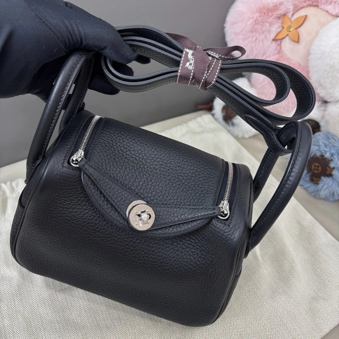 Hermes Lindy Mini Top Handle Shoulder Bag Black Silver Women Classic