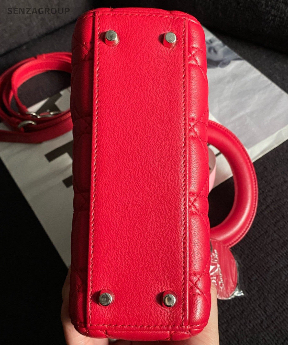 Christian Dior Lady Dior 2Way Top Handle Bag Crossbody Red Silver Women Classic