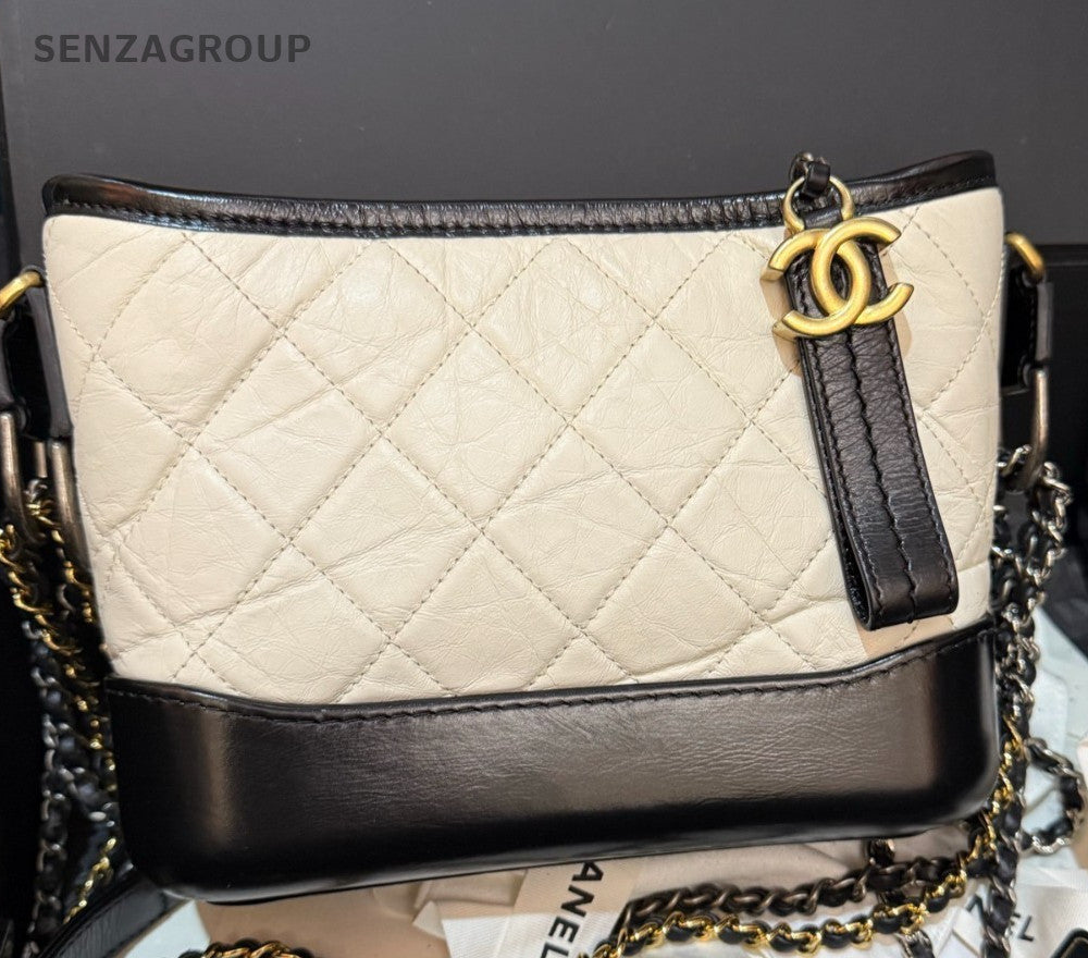 Chanel Gabrielle PM Chain Shoulder Bag Black White Gold Diamond Women Classic
