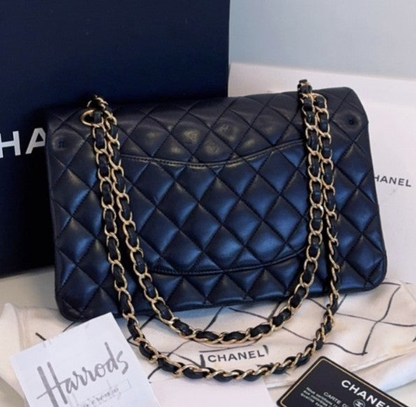 Chanel Classic Flap MM Lambskin Chain Shoulder Bag Crossbody Black Gold Women