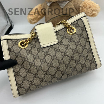 Gucci Padlock Chain Shoulder Bag White Brown Gold Hardware Classic Women