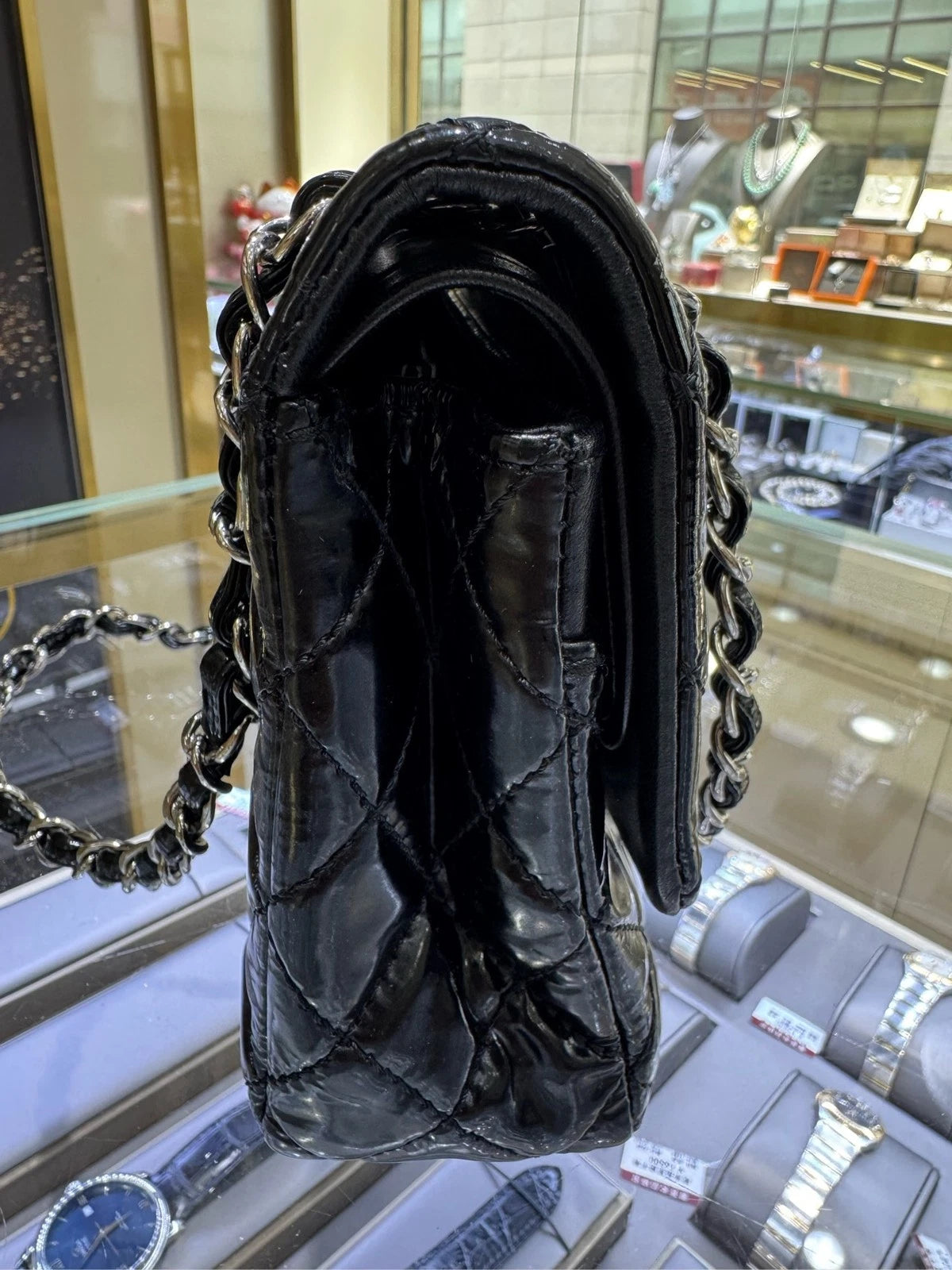 CHANEL Classic Flap Medium Black Patent Leather Shoulder Bag For Women