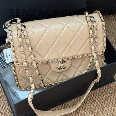 Chanel Classic Flap Beige Gold Hardware Quilted Chain Shoulder Bag