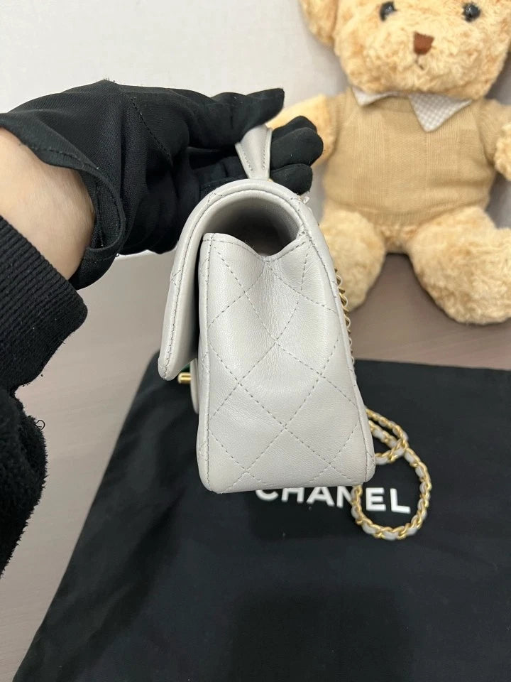 CHANEL Gray CF Handle Mini Leather Top Handle Shoulder Bag For Women