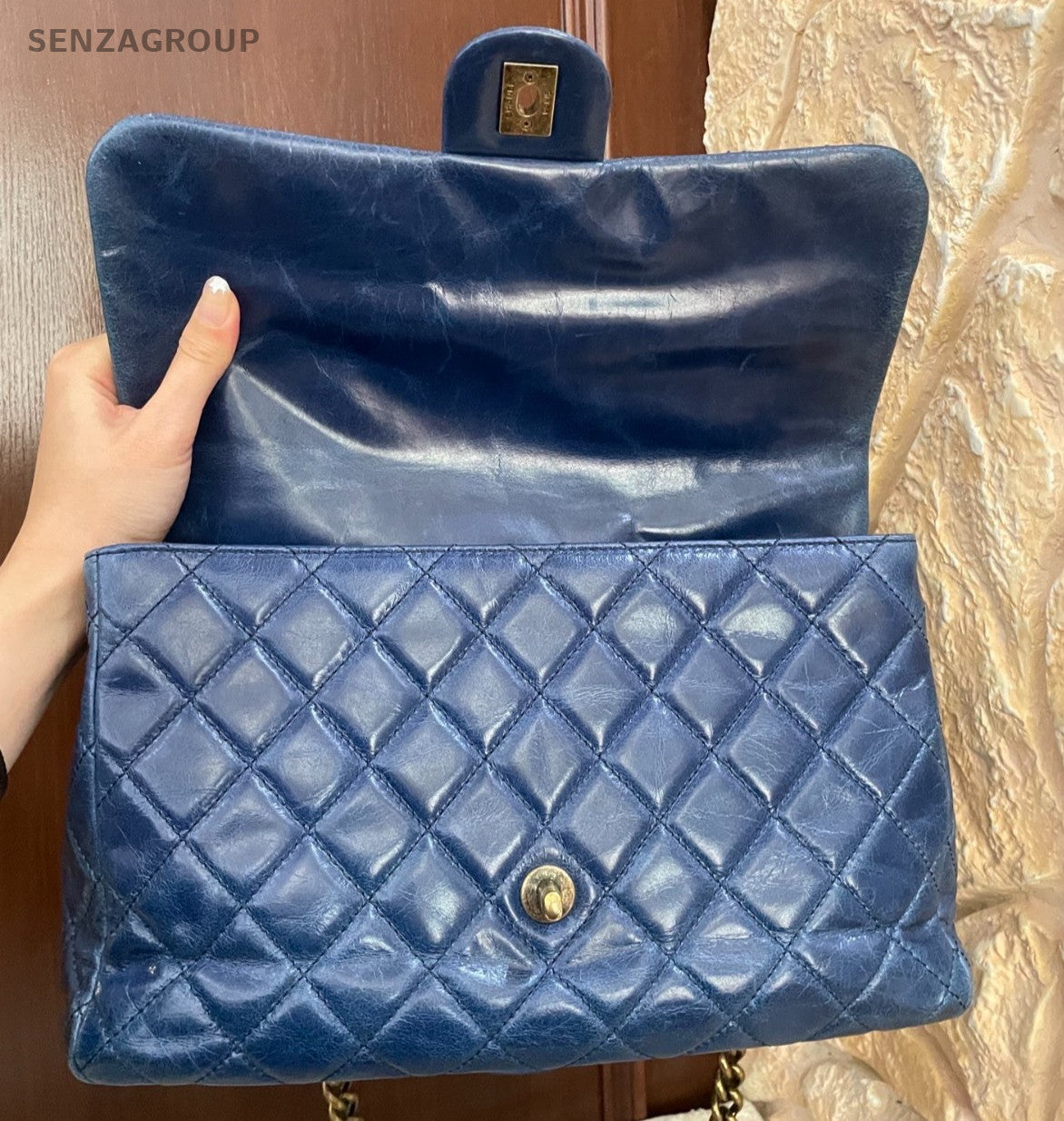 Chanel Flap Bag Calfskin Top Handle Bag Chain Crossbody Blue Gold Women Fashion