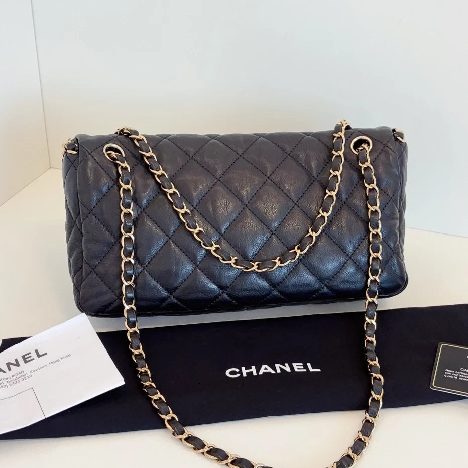 Chanel Classic Flap Jumbo Calfskin Chain Shoulder Crossbody Black Gold Women