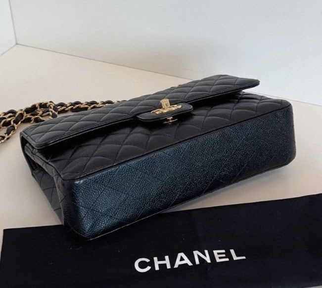 Chanel Classic Flap MM Calfskin Chain Shoulder Bag Crossbody Black Gold Women