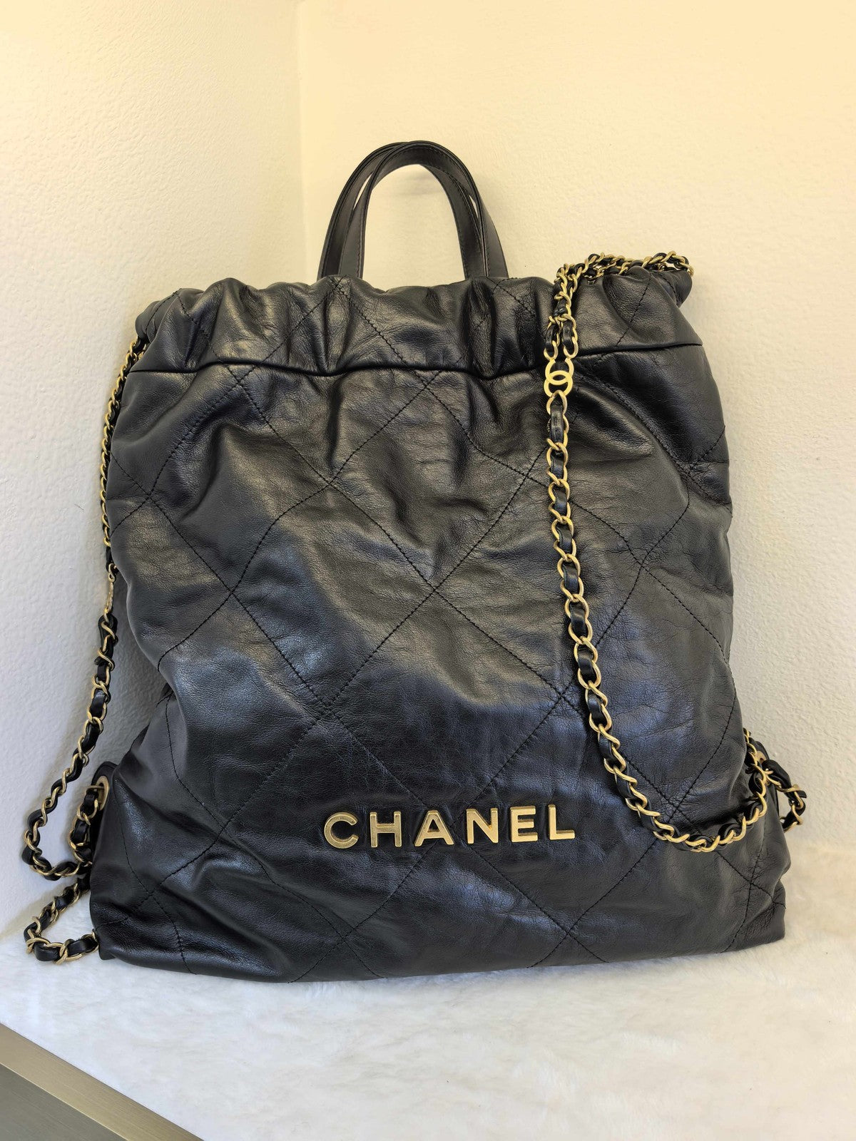 Chanel 22 Backpack Large Calfskin Black Gold Women's Classic Shoulder Bag