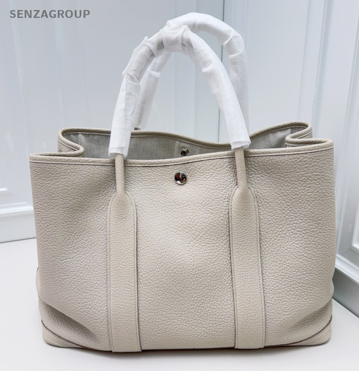 Hermes Garden Party Top Handle Bag White Silver Used Women Classic Fashion