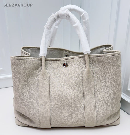 Hermes Garden Party Top Handle Bag White Silver Used Women Classic Fashion