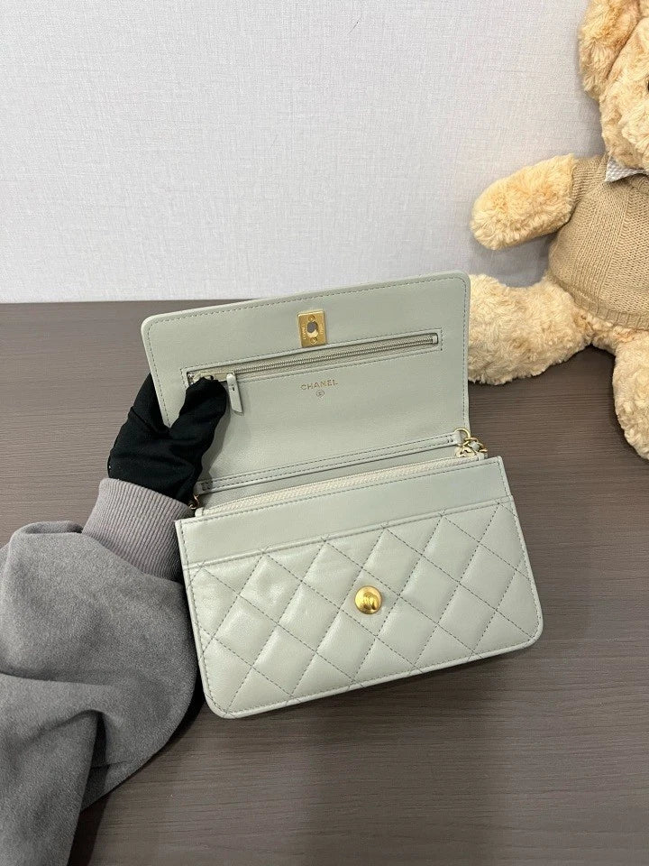 CHANEL Pearl Gray Lambskin WOC Crossbody Bag For Women