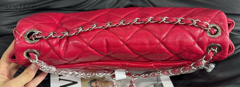 Chanel Classic Flap Jumbo Calfskin Chain Shoulder Bag Red Silver Women Classic