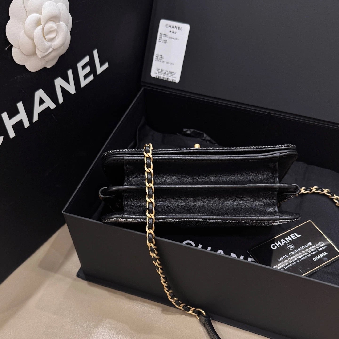 CHANEL Women's Black Gold Lizard Calfskin Accordion Bag