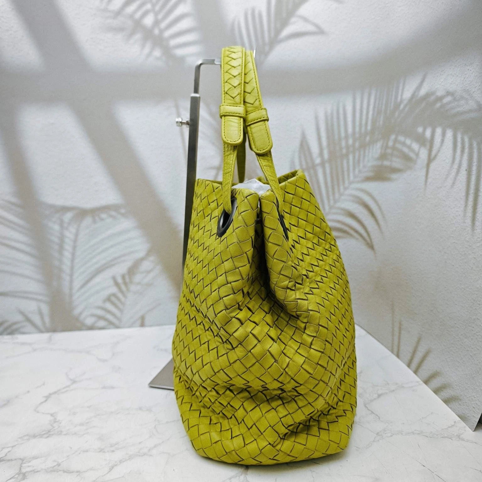 Bottega Veneta Yellow Green Woven Leather Shoulder Handbag For Women