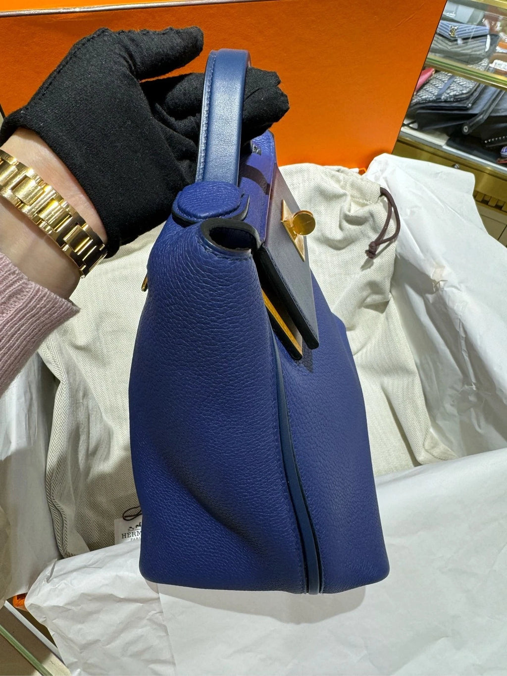 Hermes 2424 Small Blue Beige Leather Top Handle Bag For Women