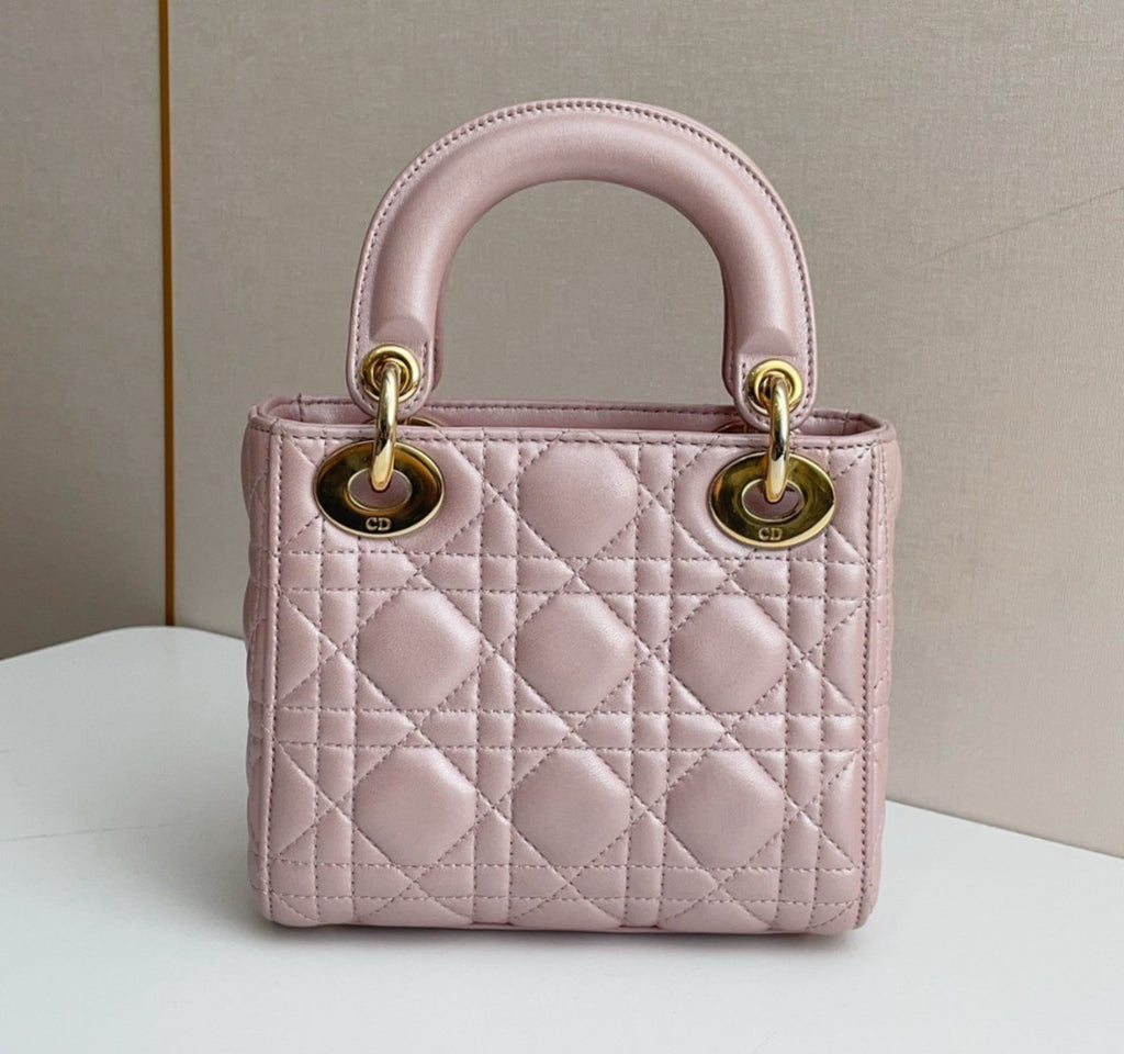 Christian Dior Lady Dior Chain Crossbody Top Handle Bag Pink Gold Women Classic