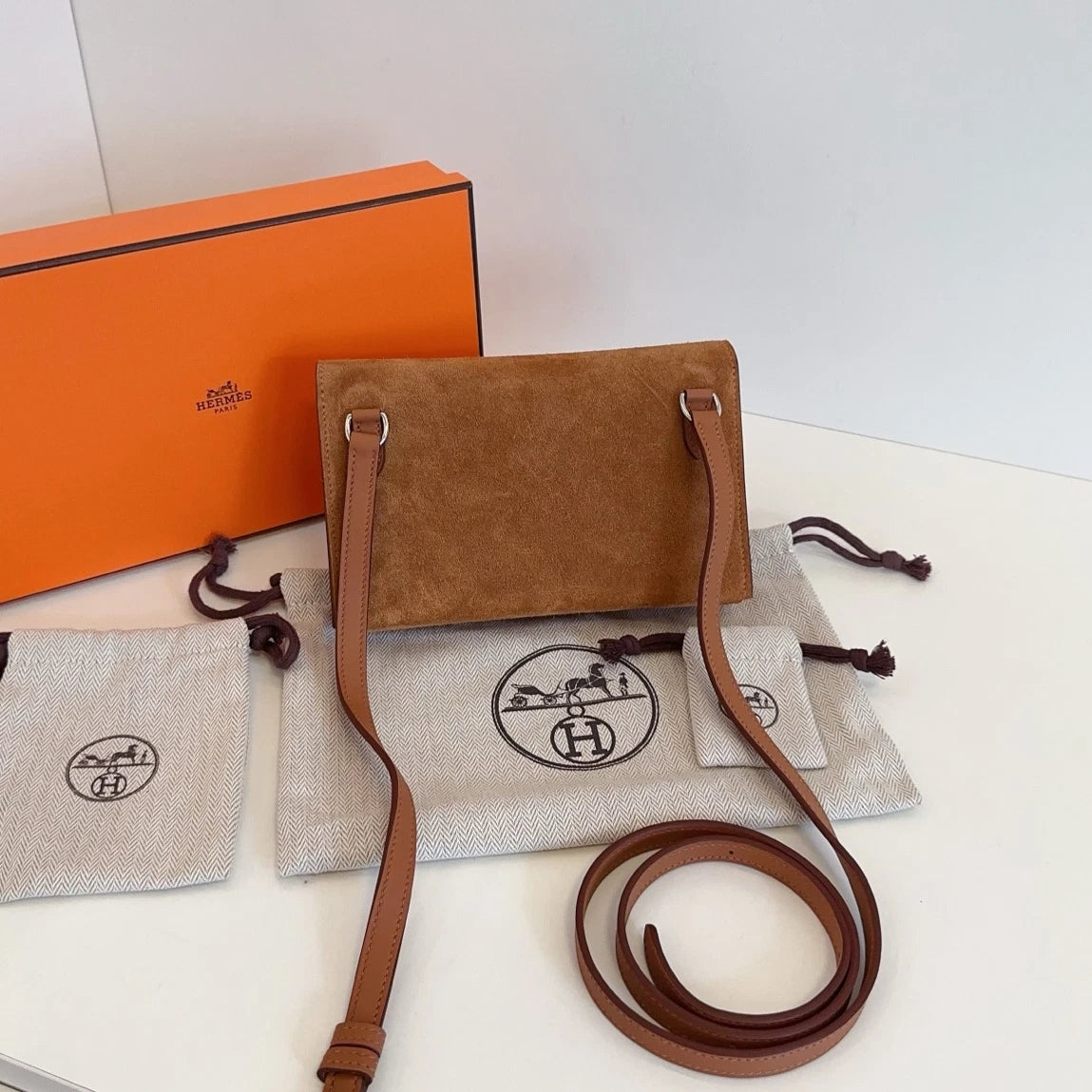Hermes Snap Wallet Suede Crossbody Brown Silver Used Women Classic