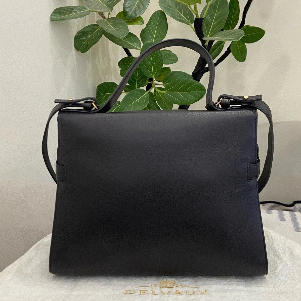 Delvaux Tempete MM Calfskin Top Handle Shoulder Bag Black Gold Women Classic