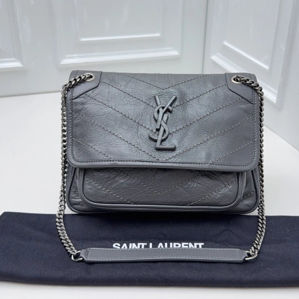 Saint Laurent Niki Gray Silver Shoulder Bag Crossbody Excellent