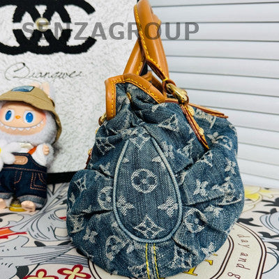 Louis Vuitton Vintage Denim Blue Gold Handbag Shoulder Bag Classic Women