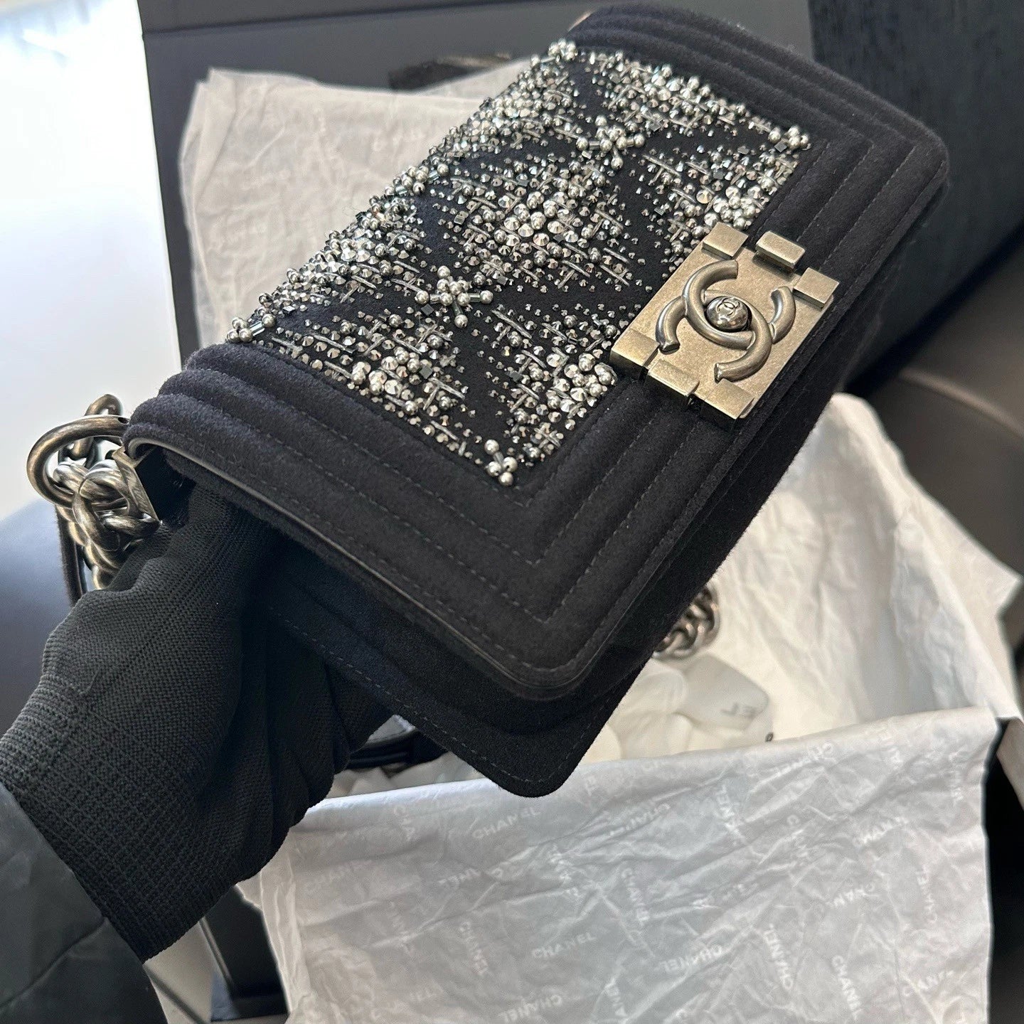 Chanel Leboy PM Chain Shoulder Crossbody Black Silver Women Classic