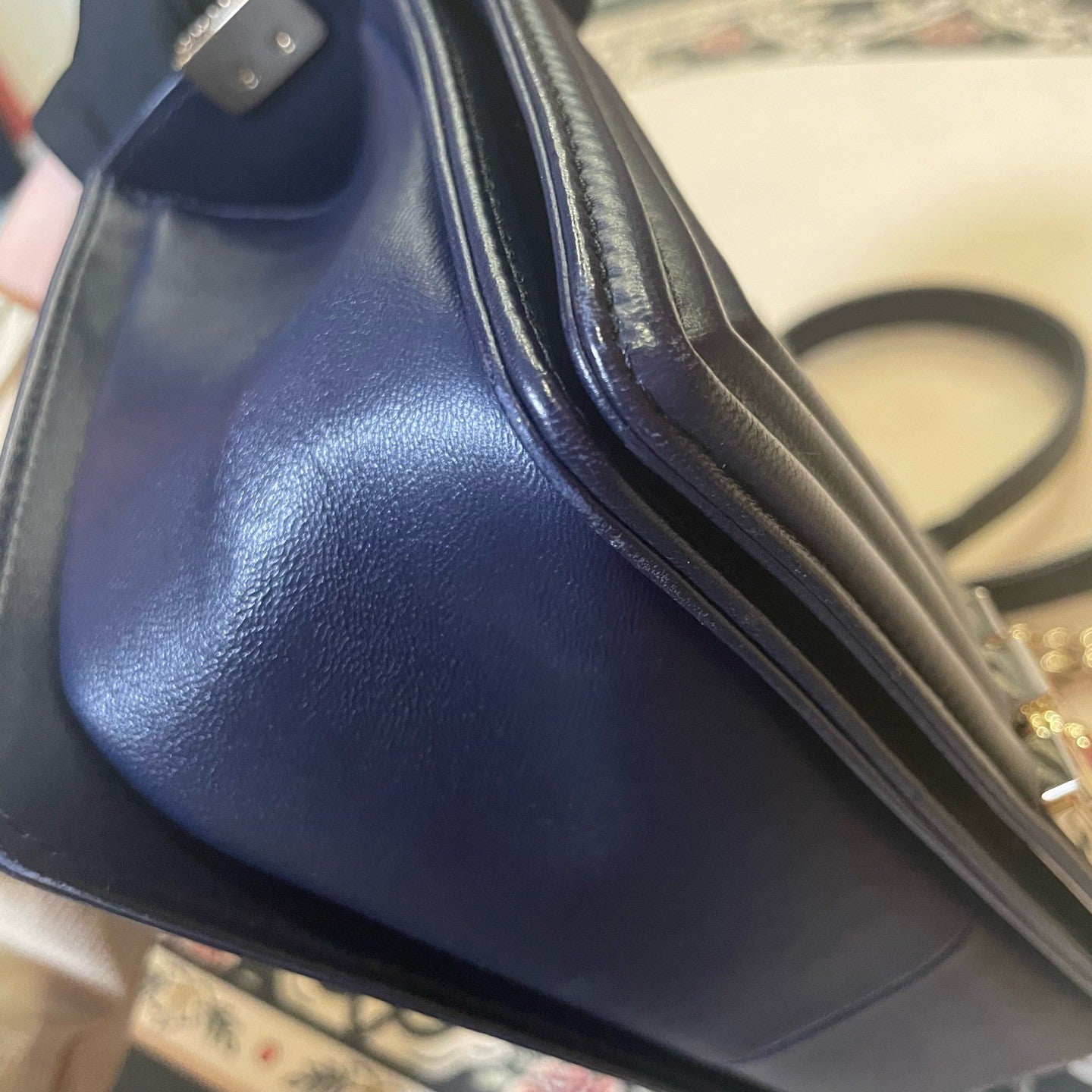 Chanel Leboy MM Lambskin Chain Shoulder Bag Crossbody Blue Gold Women Classic