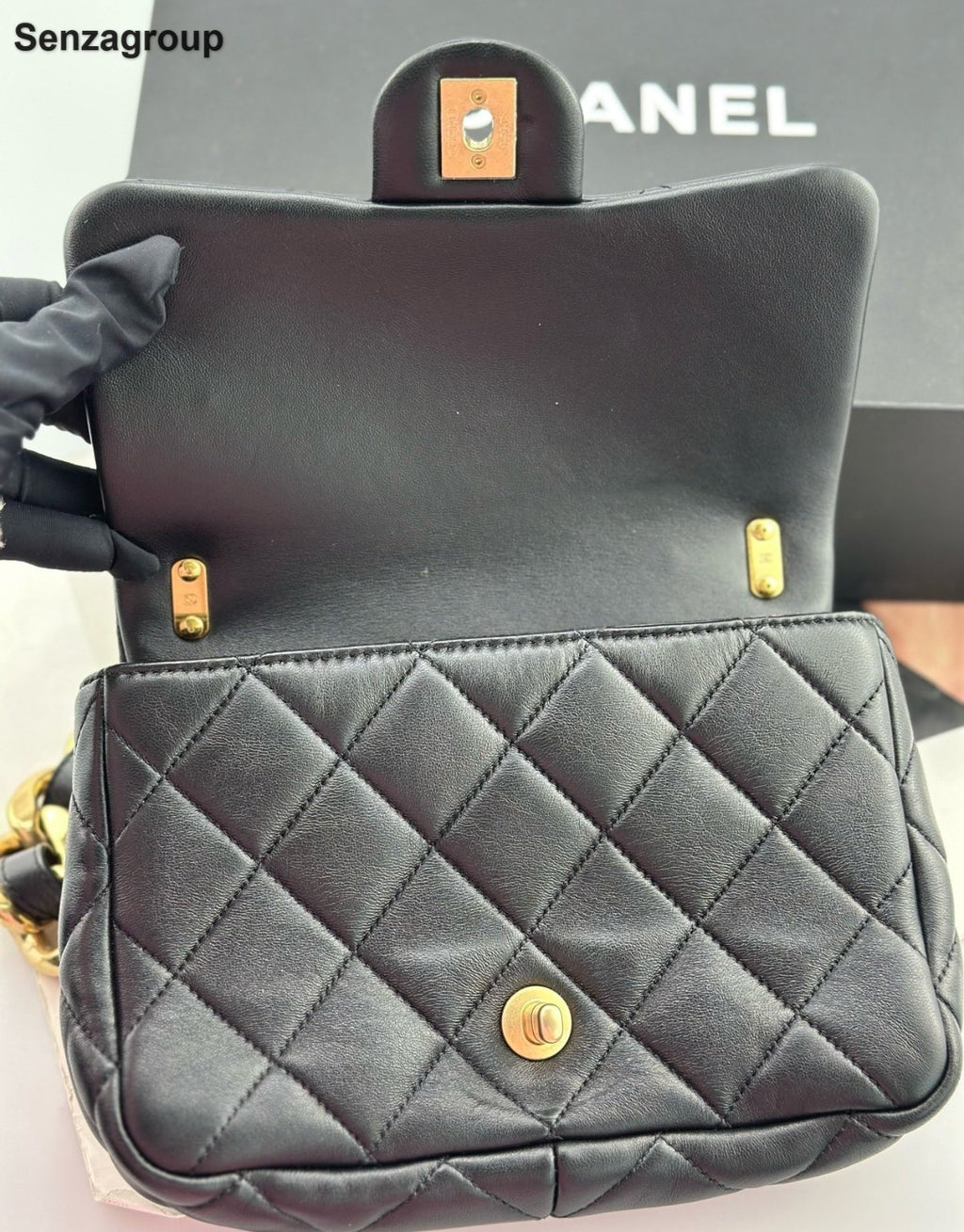 Chanel Classic Flap Chain Shoulder Bag Diamond Black Gold Women Fashion