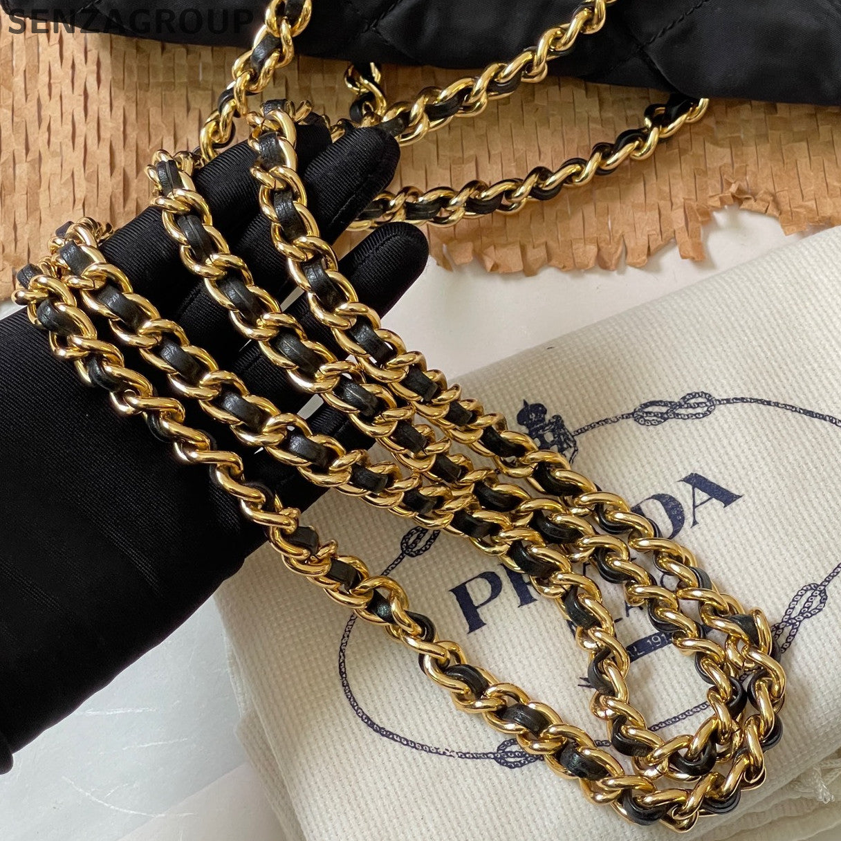 Prada Nylon Black Gold Chain Shoulder Crossbody Bag Classic Women