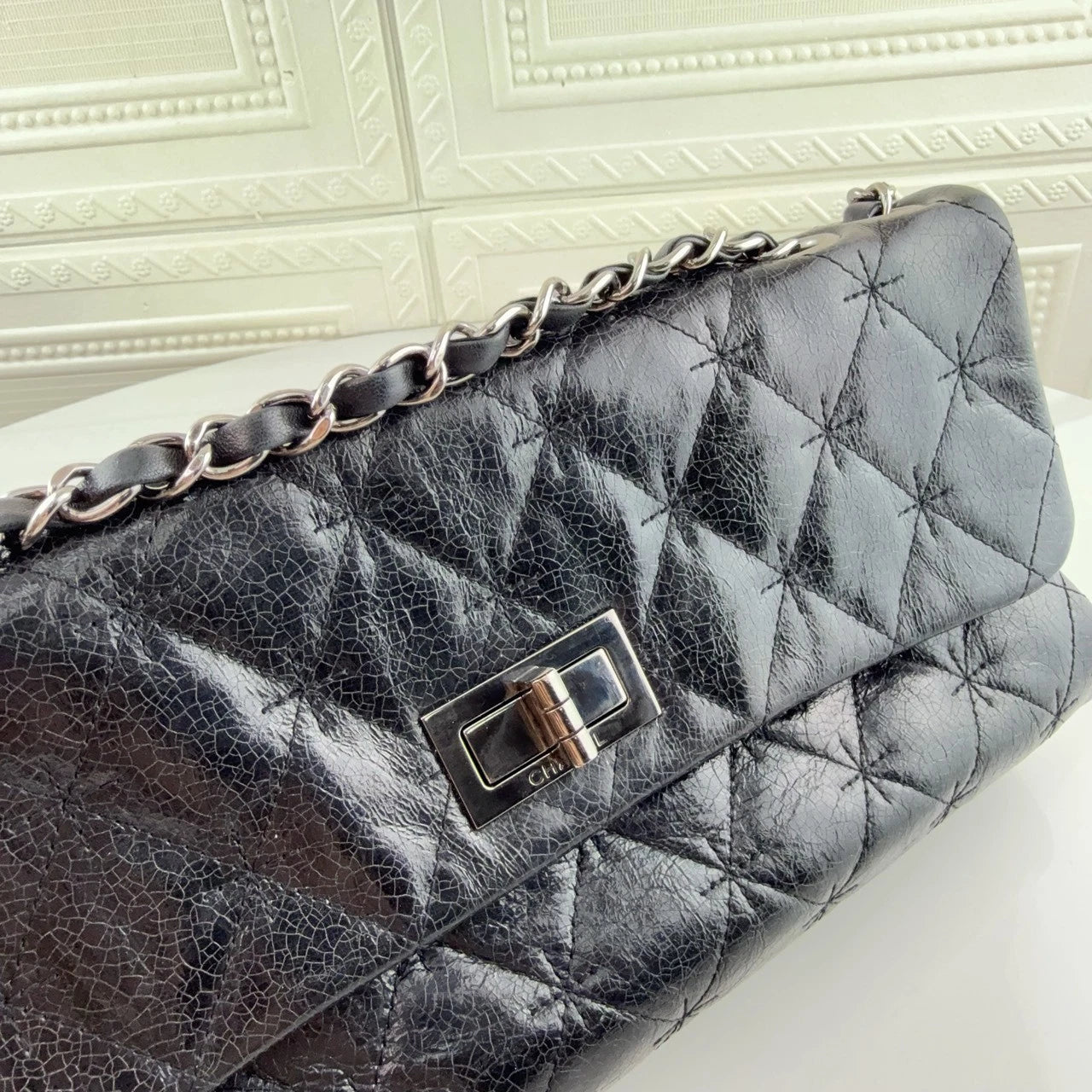 CHANEL 2.55 Baguette Shoulder Bag Black Silver Hardware For Women