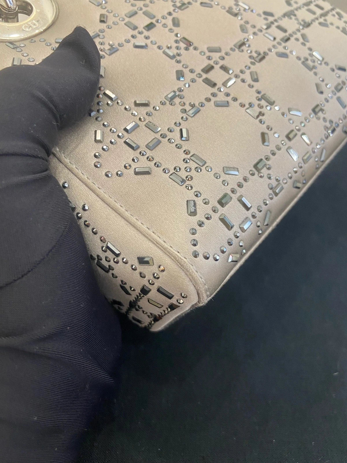 Christian Dior Lady Dior 2Way Top Handle Crossbody Gray Silver Women Classic