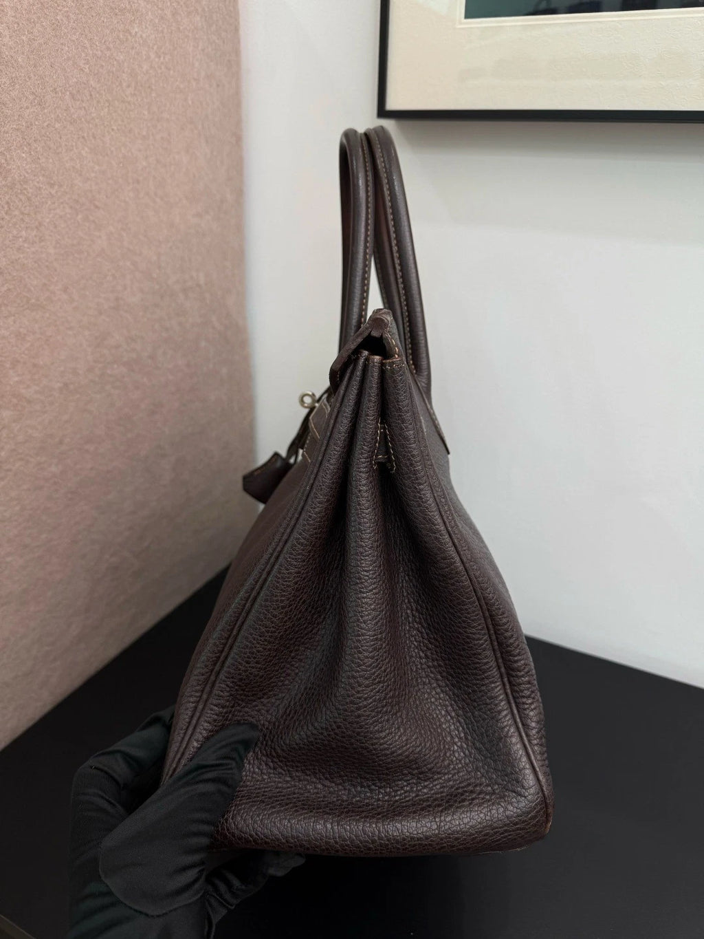 Authentic Hermes Birkin 35 Ebene Brown Water Buffalo Leather Top Handle Bag SHD