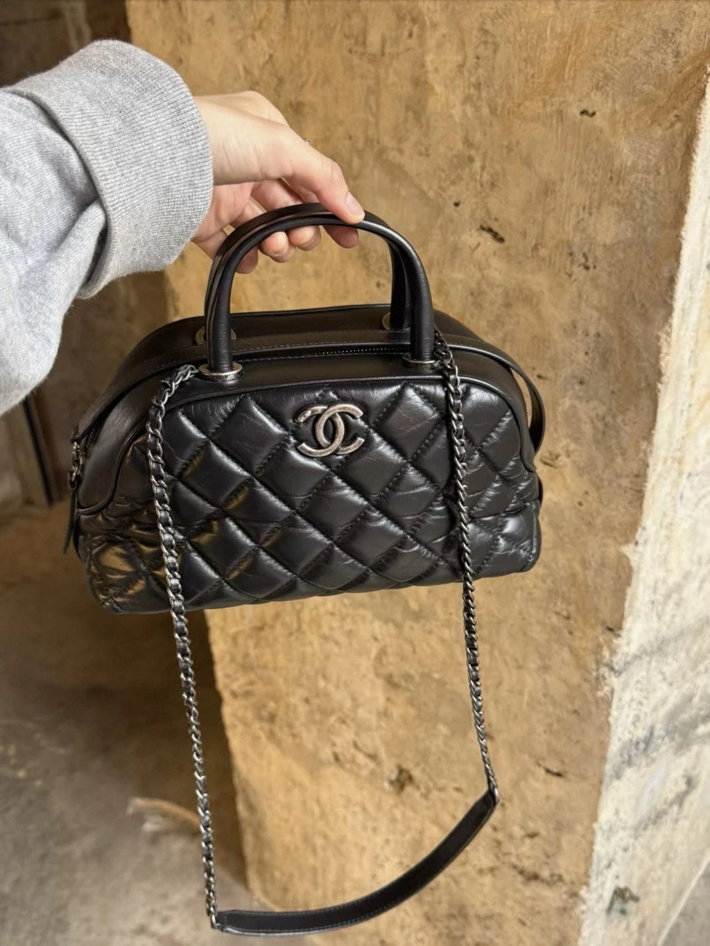 Authentic Chanel Bowling MINI Oil Wax Top Handle Shoulder Bag Black SHD