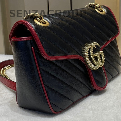 Gucci Marmont 26 Chain Shoulder Crossbody Bag Black Red Gold Hardware