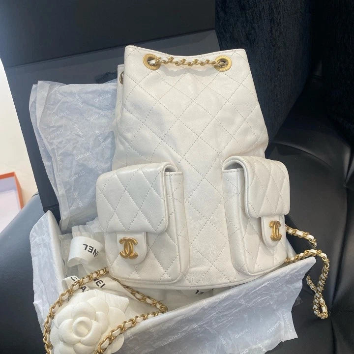 Chanel Diamond Lambskin Chain Drawstring Backpack White Gold Women Classic D