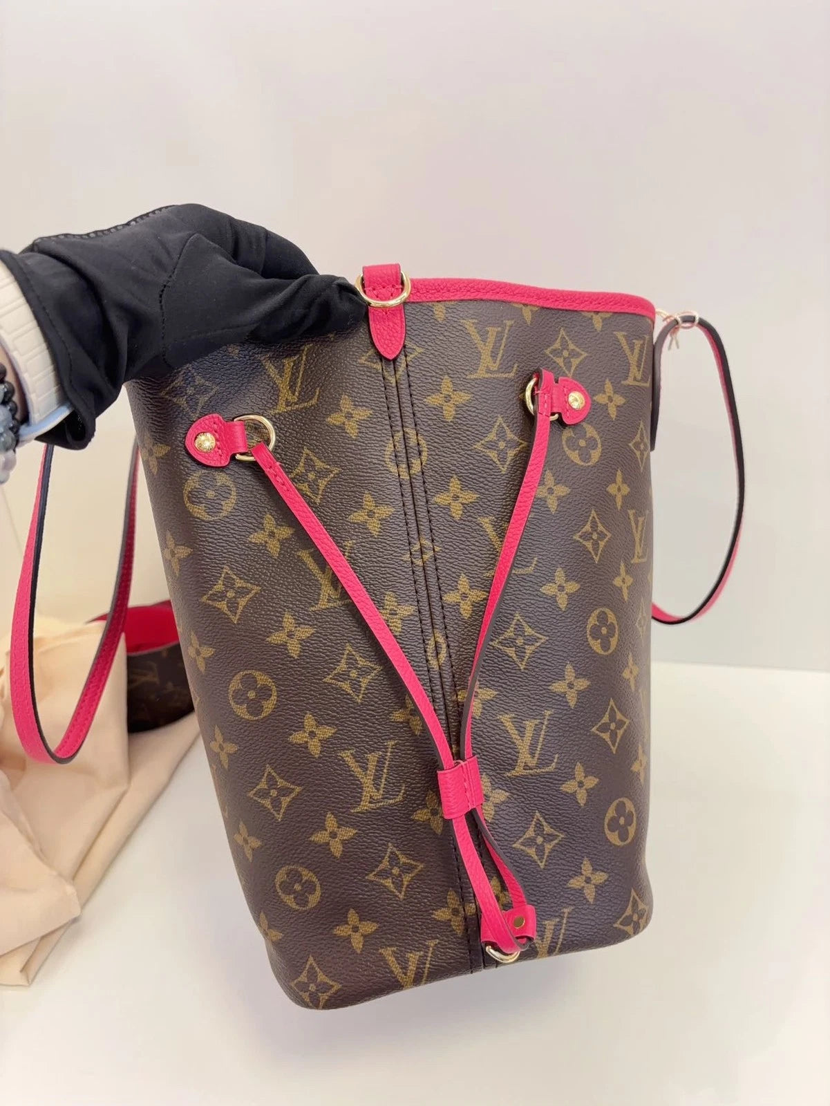 Louis Vuitton Neverfull MM Tote Shoulder Bag Monogram Canvas Brown Pink Women