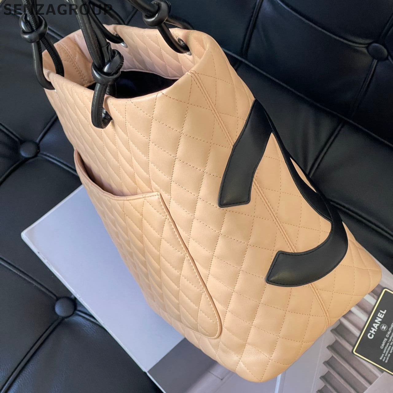 Chanel Cambon Tote Bag Beige Black Shoulder Handbag Classic Women