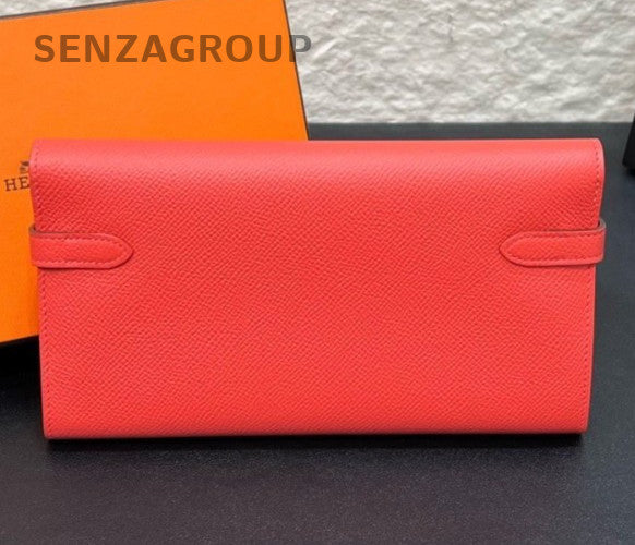 Hermes Kelly long Epsom Leather Wallet Kelly Togo Red Silver Women Designer