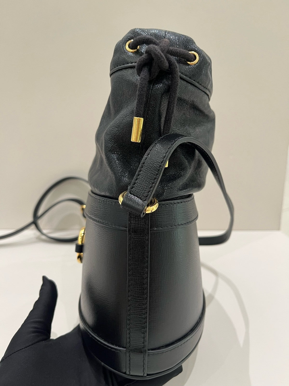 Gucci 1955 Drawstring Bucket Bag Black Gold Shoulder Crossbody Women