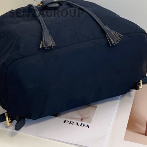 Prada Canvas Leather Drawstring Backpack Black Gold Women Classic Designer
