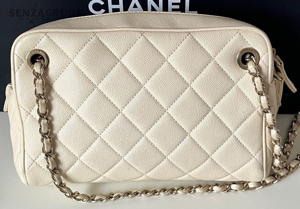 Chanel Calfskin PM Chain Shoulder Bag Crossbody Beige Silver Women Classic