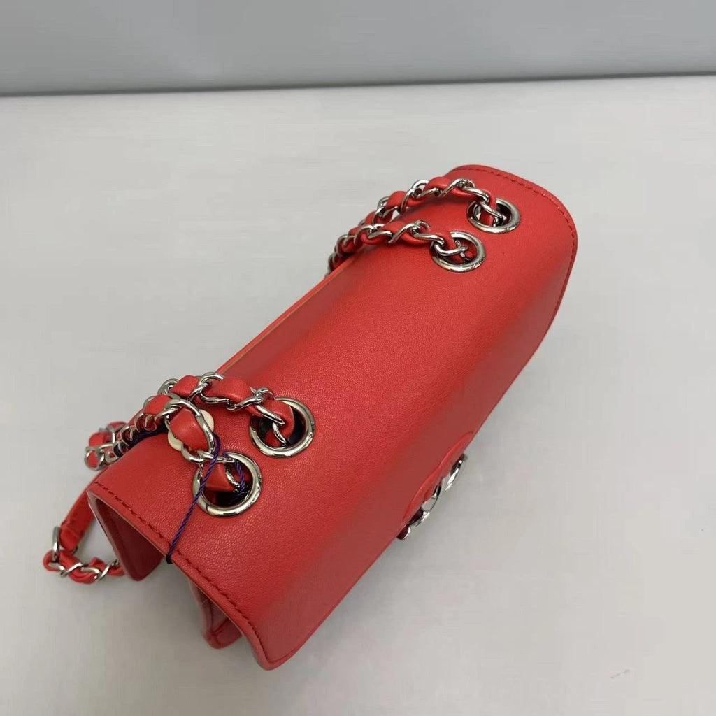 Chanel Cuba Calfskin Chain Shoulder Bag Crossbody Red Silver Women Classic