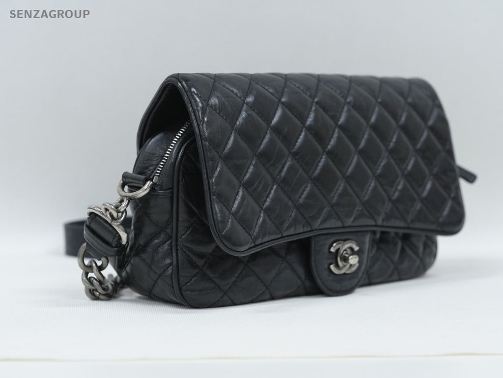 CHANEL Classic Flap MM Oil waxed leather Chain Shoulder bag Black Silver Classic