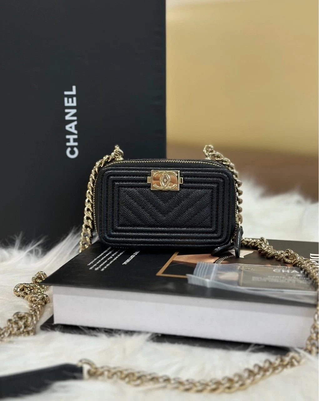 Chanel Mini Leboy Black Gold Leather Shoulder Crossbody Bag Women