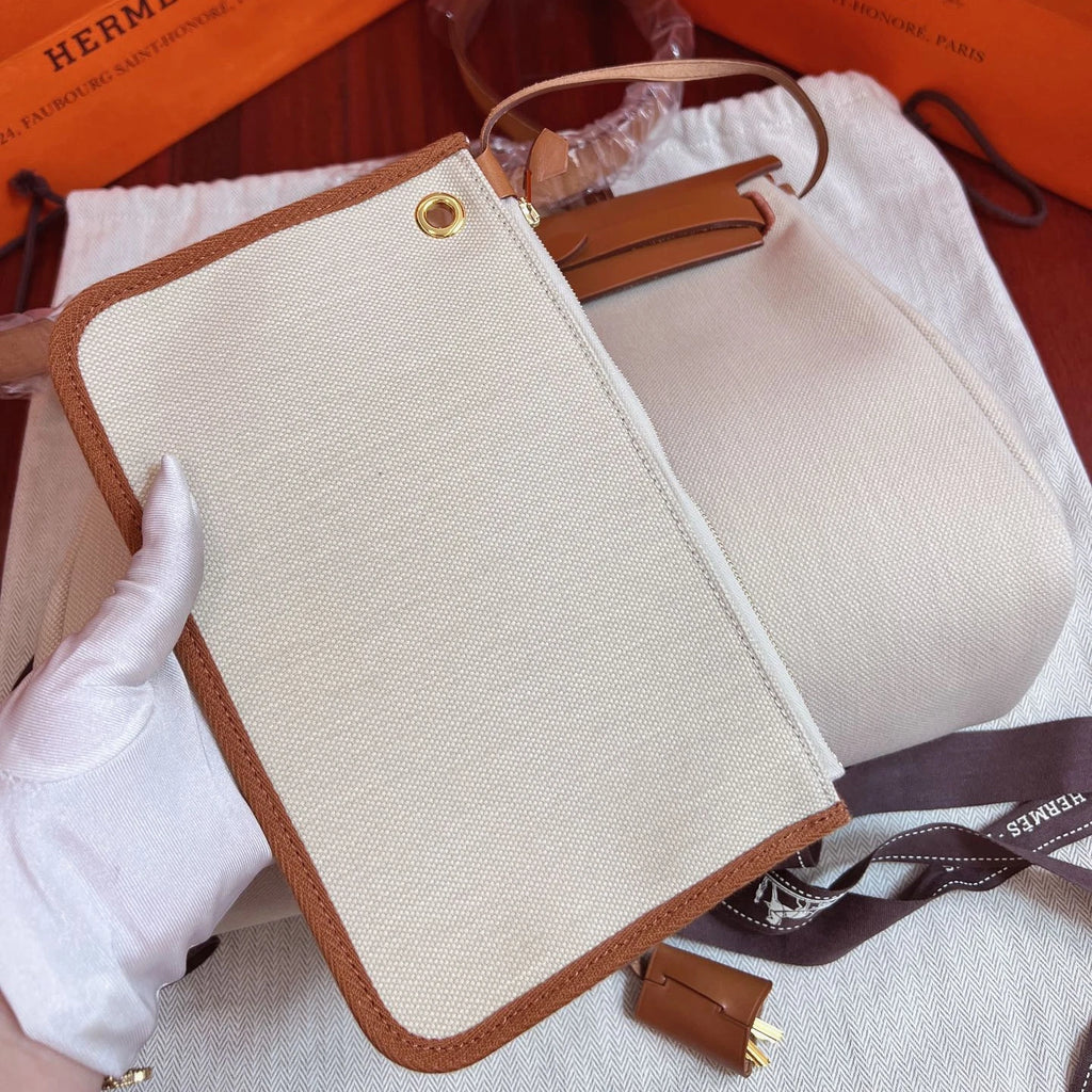 Hermes Herbag31 Top Handle Shoulder Crossbody White Brown Gold Women Classic