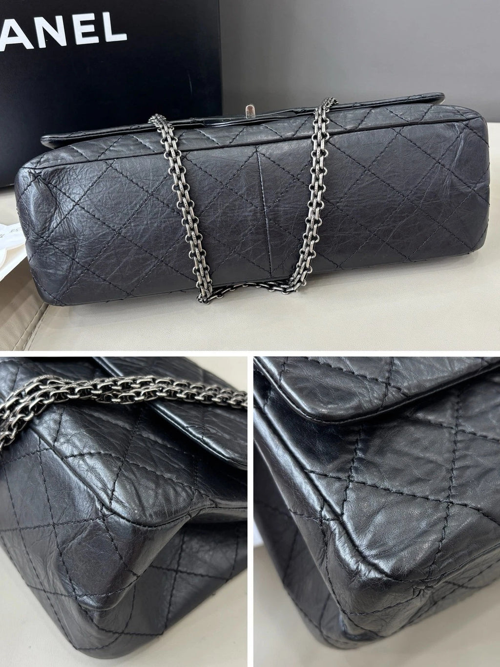 Authentic Chanel 2.55 Maxi Black Quilted Flap Chain Silver Hardware Excellent