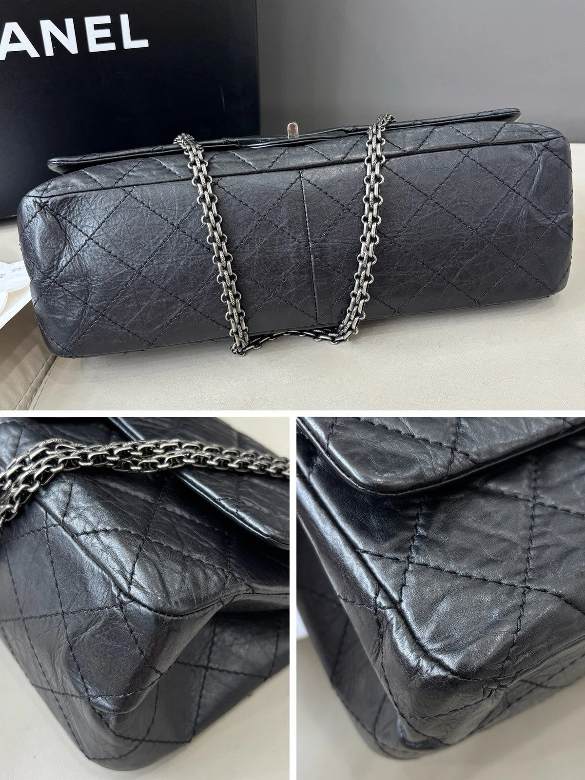 Authentic Chanel 2.55 Maxi Black Quilted Flap Chain Silver Hardware Excellent