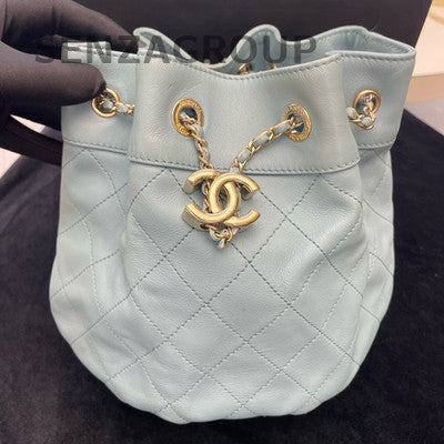 Chanel Blue Quilted Bucket Bag Gold Chain Strap Classic Women's Shoulder Bag
