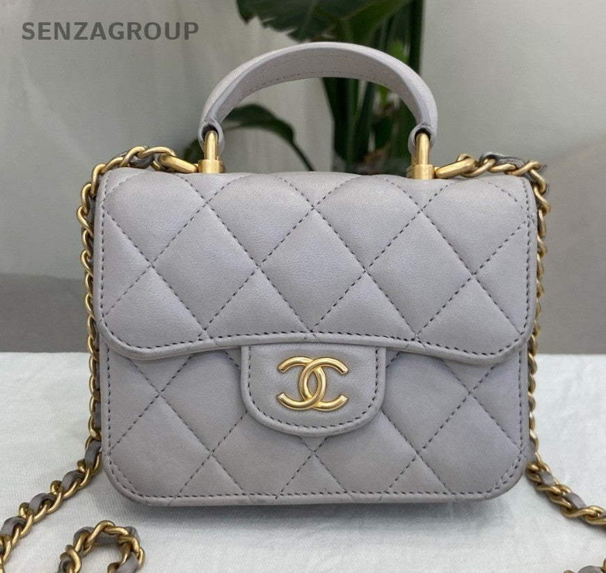 Chanel Lambskin Diamond Chain Shoulder Crossbody Gray Gold Used Women Classic