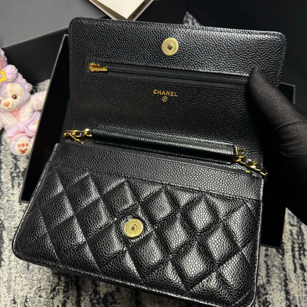 CHANEL Black Lamskin Gold 24 Chip WOC Crossbody Bag For Women