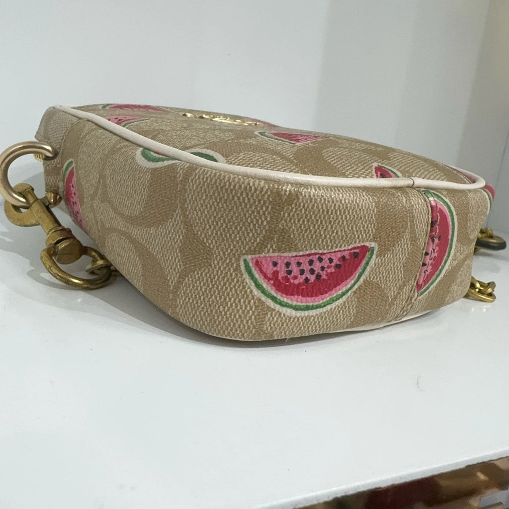 Coach Beige Canvas Monogram Watermelon Print Crossbody Camera Bag Women
